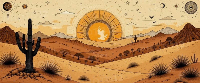 An artistic illustration depicts a desert landscape at sunset, featuring cacti, mountains, and stylized celestial elements, AI generated