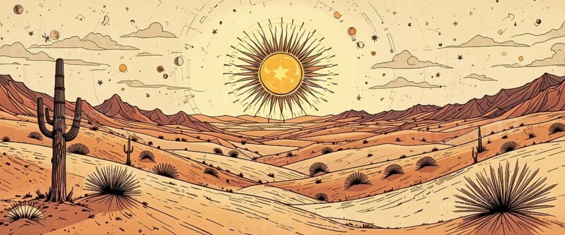 An illustration of a desert scene featuring a large sun, mountains, and a saguaro cactus under a cloudy sky. The artwork has a vintage, cartoonish style, AI generated
