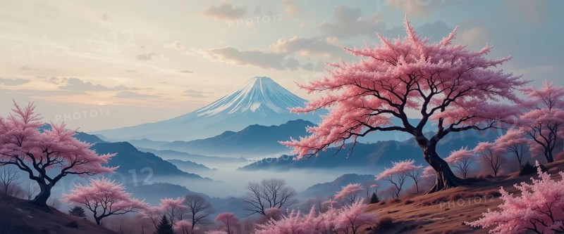 A picturesque scene of cherry blossom trees in full bloom with the iconic Mount Fuji in the distance. The soft light of the sunset bathes the landscape in a warm glow, AI generated