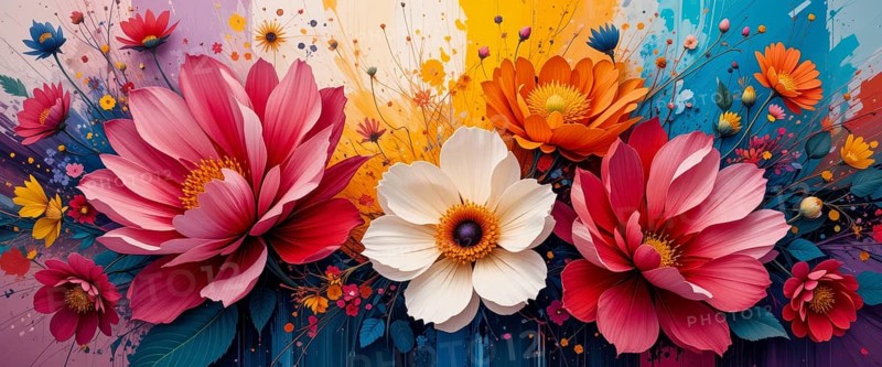 A stunning display of various flowers in full bloom, set against a backdrop of vivid colors, creating a lively and artistic composition, AI generated