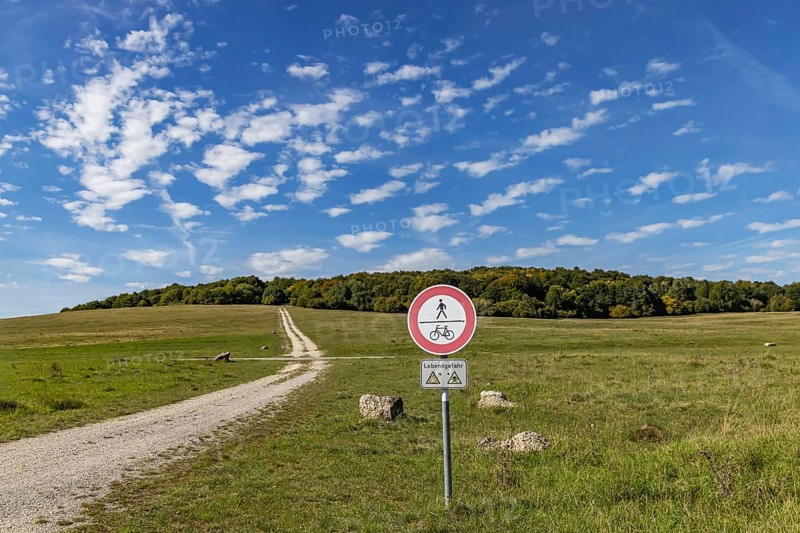 Danger to life from unexploded ordnance in the Swabian Alb biosphere reserve. Landscape of the Alb in autumn. An important component is the former military training area in Münsingen, which is located in the centre of the reserve. The 85, 270-hectare biosphere reserve was established by the state of Baden-Württemberg in 2008. It has been a UNESCO biosphere reserve since 2009. Münsingen, Baden-Württemberg, Germany