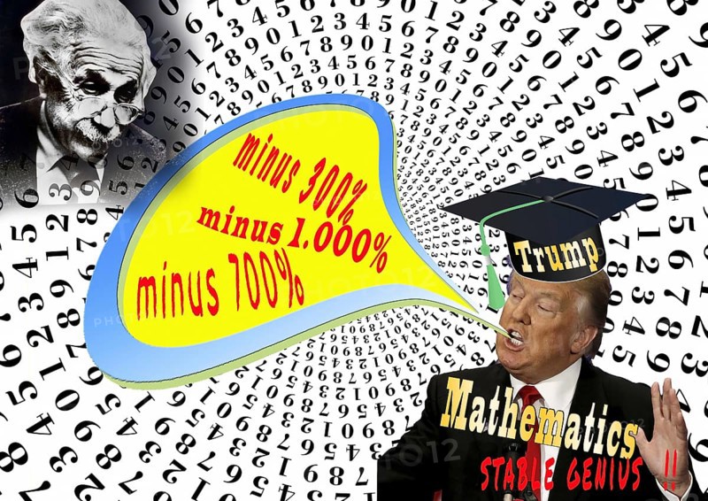 Symbolic image, Trump as an arithmetic genius, Prices reduced by hundreds of per cent, Stupidity as a form of government, Governing by decree, No more United States, Democracy versus autocracy, Donald Trump sees himself as a ruler above the law, US democracy in danger, Political blackmail, EU and Germany under political pressure, industry, tariff threats, Elon Musk, Mark Zuckerberg, social networks, fake news, rights broken, hate, hate speech, DSG Digital Services Act, re-election, USA, politics, announcements, vendetta, wanted dictator, Republicans, US electoral system, global threat, lies, 2nd term, global burden, Ukraine, US democracy in danger, Donald Trump term, global burden, Ukrainian war, White House storm