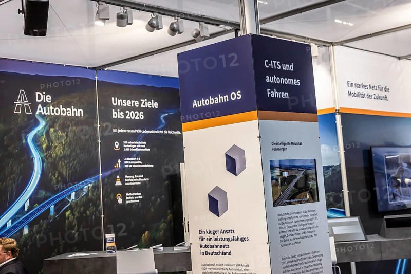 Exhibition stand Die Autobahn GmbH des Bundes. Logo and word mark. IAA MOBILITY in Munich. The motor show presents itself as a holistic mobility trade fair. Cars continue to take centre stage, however, and Chinese manufacturers are gaining ground. Munich, Bavaria, Germany
