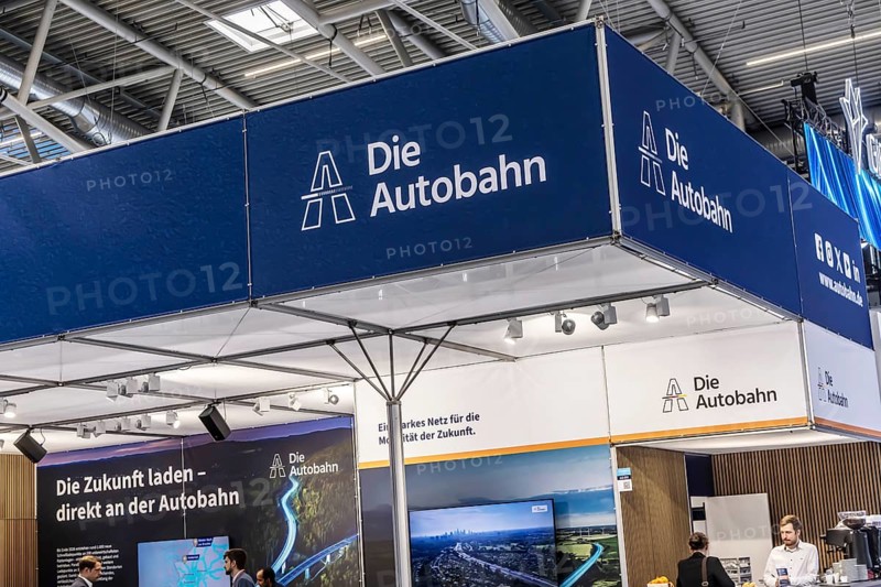 Exhibition stand Die Autobahn GmbH des Bundes. Logo and word mark. IAA MOBILITY in Munich. The motor show presents itself as a holistic mobility trade fair. Cars continue to take centre stage, however, and Chinese manufacturers are gaining ground. Munich, Bavaria, Germany