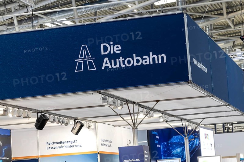 Exhibition stand Die Autobahn GmbH des Bundes. Logo and word mark. IAA MOBILITY in Munich. The motor show presents itself as a holistic mobility trade fair. Cars continue to take centre stage, however, and Chinese manufacturers are gaining ground. Munich, Bavaria, Germany