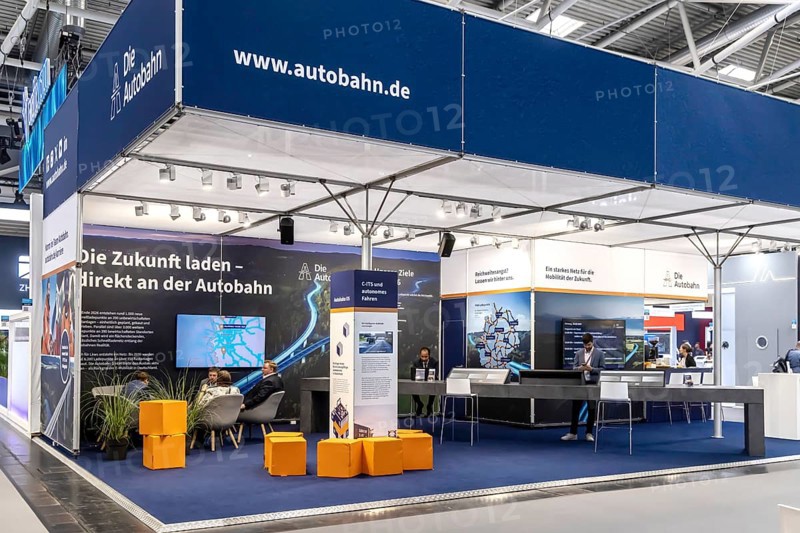 Exhibition stand Die Autobahn GmbH des Bundes. Logo and word mark. IAA MOBILITY in Munich. The motor show presents itself as a holistic mobility trade fair. Cars continue to take centre stage, however, and Chinese manufacturers are gaining ground. Munich, Bavaria, Germany