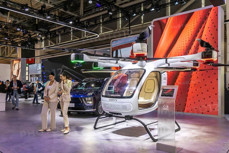 Exhibition stand of the Chinese manufacturer GAC, Guangzhou Automobile Group. Govy air taxi. Model Hyptec HL. IAA MOBILITY in Munich. The motor show presents itself as a holistic mobility trade fair. Cars continue to take centre stage, however, and Chinese manufacturers are gaining ground. Munich, Bavaria, Germany