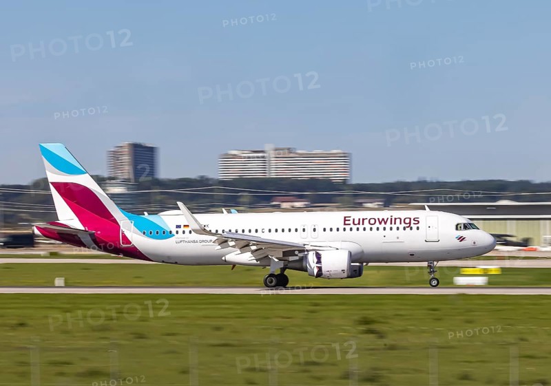 Stuttgart Airport with aircraft on landing. Aircraft registration: D-AEWK, Eurowings, Airbus A320-200, Stuttgart, Baden-Württemberg, Germany