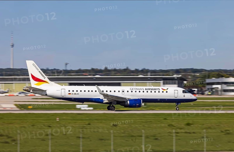 Stuttgart Airport with aircraft on the runway. Aircraft registration number: D-AKJC, German Airways, Embraer ERJ-190, Stuttgart, Baden-Württemberg, Germany