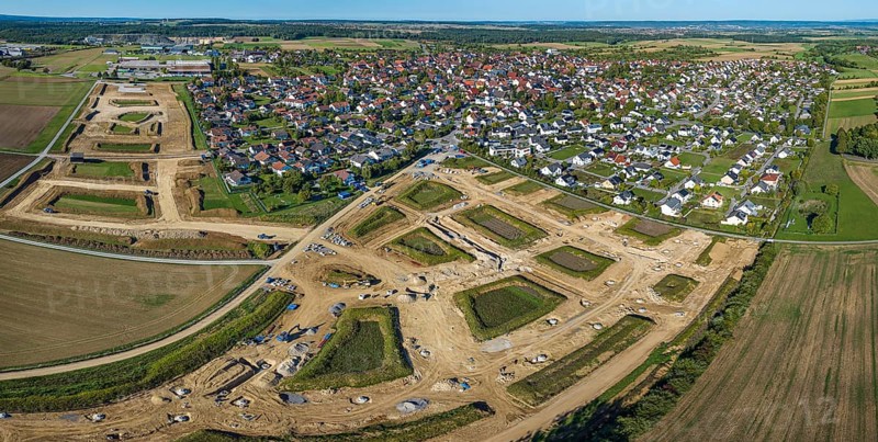 Development work for the new building area in the municipality of Mötzingen. 175 building plots are planned in the Röte II and III development areas, mainly for detached houses. Drone photo. Mötzingen, Baden-Württemberg, Germany