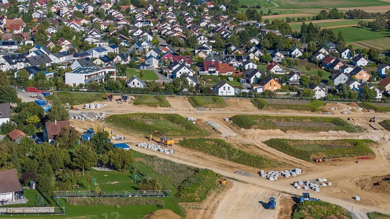 Development work for the new building area in the municipality of Mötzingen. 175 building plots are planned in the Röte II and III development areas, mainly for detached houses. Drone photo. Mötzingen, Baden-Württemberg, Germany