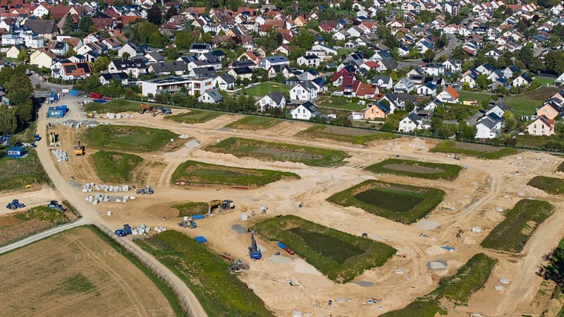 Development work for the new building area in the municipality of Mötzingen. 175 building plots are planned in the Röte II and III development areas, mainly for detached houses. Drone photo. Mötzingen, Baden-Württemberg, Germany