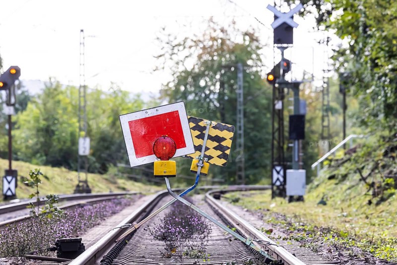 Track closed. The signal is called Sh2 (protective stop) . The stop sign is placed in front of track sections that are not passable due to track closures, construction sites or danger zones. Deutsche Bahn AG is modernising the infrastructure. Stuttgart, Baden-Württemberg, Germany