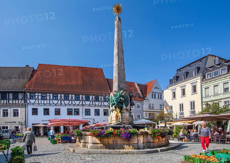 Luitpold Fountain on the market square in the old town centre, beer town Kulmbach, Main Valley, Upper Franconia, Franconia, Bavaria, Germany