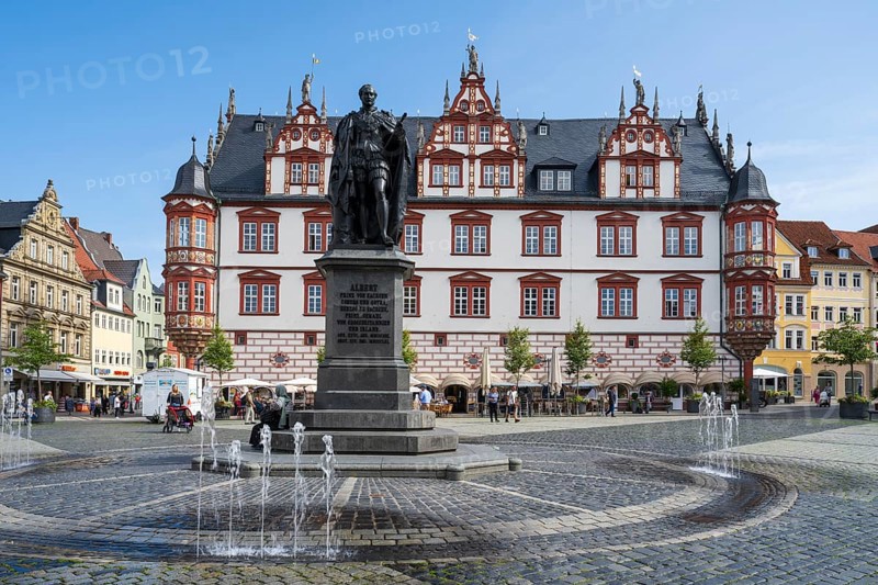 Prince Albert monument in front of the town hall, late Renaissance, market square, Coburg, Upper Franconia, Franconia, Bavaria, Germany