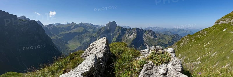 Mountain panorama from Laufbacher-Eckweg to Höfats, 2259m, Allgäu Alps, Allgäu, Bavaria, Germany