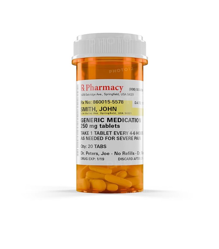 Generic medication prescription medicine bottle and pills isolated on a white background. the label is non-proprietary - fictional - made specifically for the stock photo industry