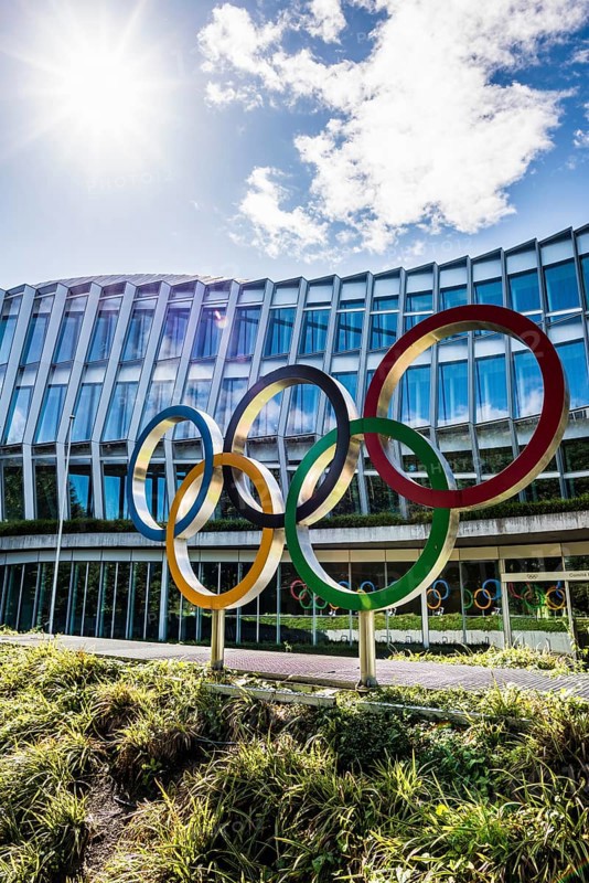 Olympic rings, headquarters of the International Olympic Committee, IOC, Lausanne, Switzerland