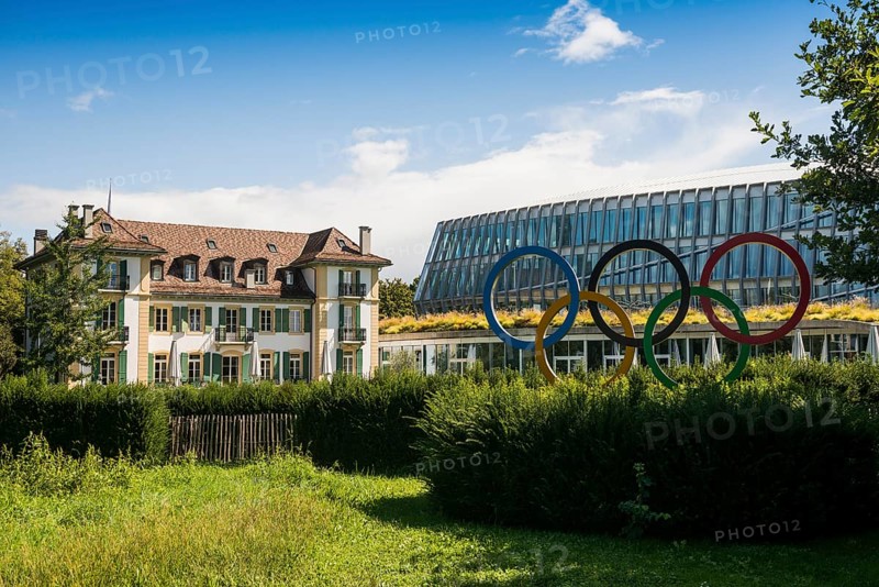 Olympic rings, headquarters of the International Olympic Committee, IOC, Lausanne, Switzerland