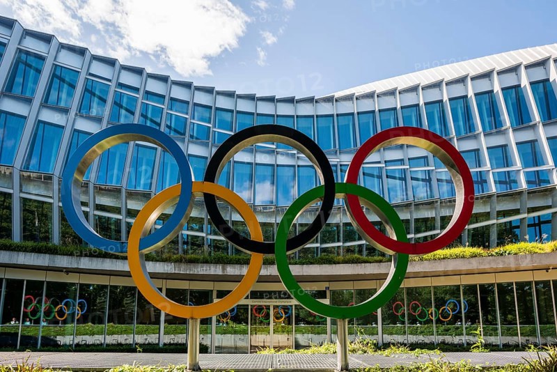 Olympic rings, headquarters of the International Olympic Committee, IOC, Lausanne, Switzerland