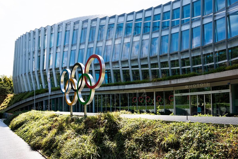 Olympic rings, headquarters of the International Olympic Committee, IOC, Lausanne, Switzerland