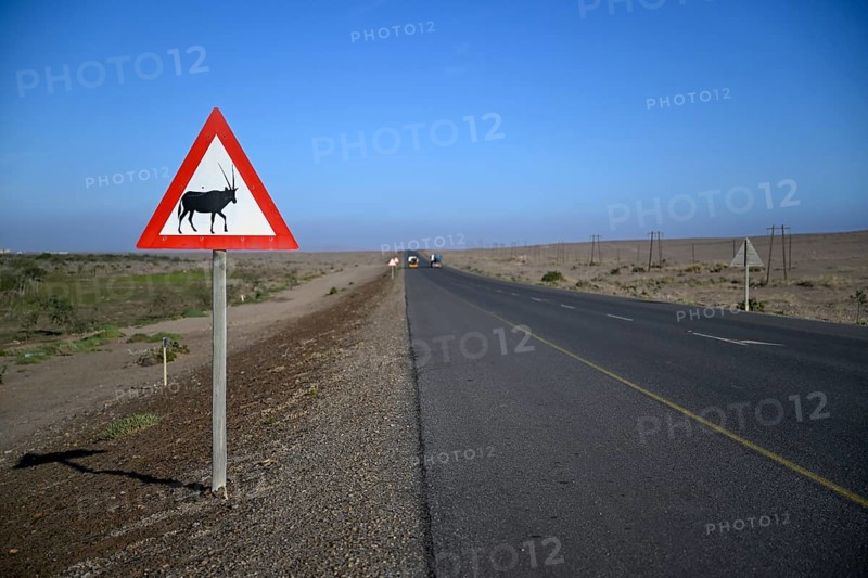 Beware of oryx antelopes (Oryx gazella) sign on a road near Oranjemund, Diamond Sperrgebiet, Karas Region, Namibia