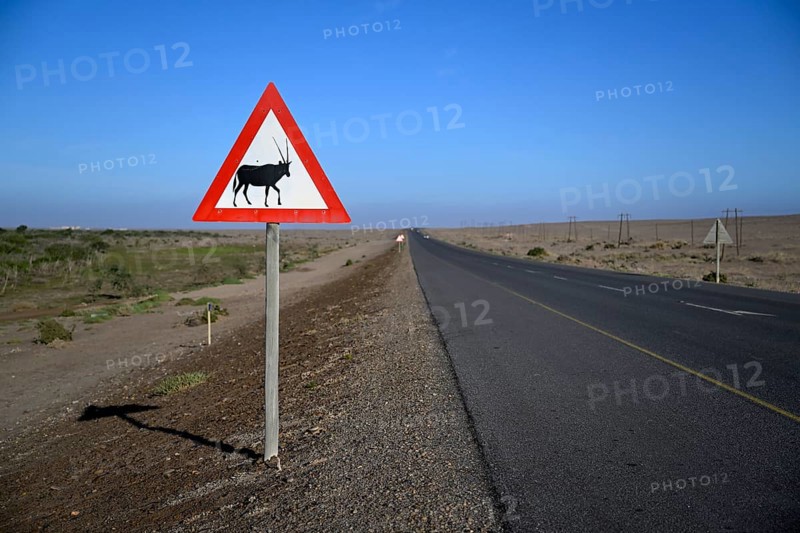 Beware of oryx antelopes (Oryx gazella) sign on a road near Oranjemund, Diamond Sperrgebiet, Karas Region, Namibia
