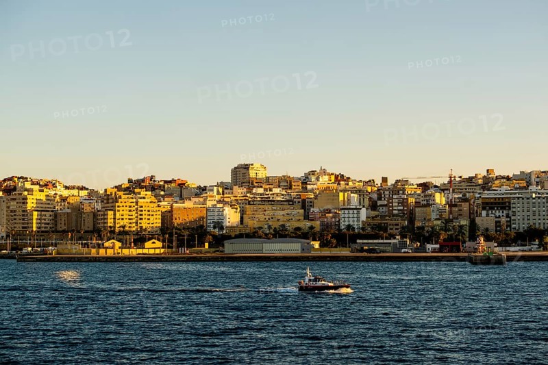 Amazing view of Spanish port of Ceuta by sunset, North Africa