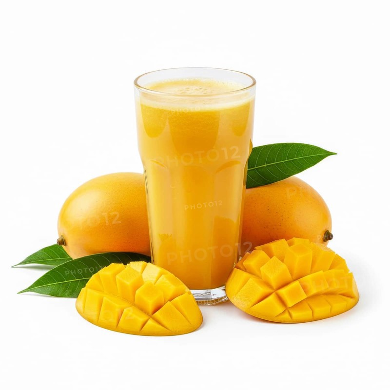 A vibrant image showcases a glass of fresh mango juice alongside whole and sliced mangoes, complemented by green leaves, all set against a clean white backdrop, AI generated