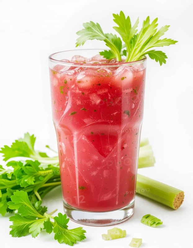 A vibrant Bloody Mary, a classic cocktail, is presented in a tall glass, garnished with fresh celery and herbs, set against a clean white backdrop, AI generated