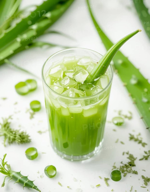 A close-up shot showcases a glass of vibrant green aloe vera juice, garnished with fresh aloe vera leaves and ice cubes, on a white surface, AI generated