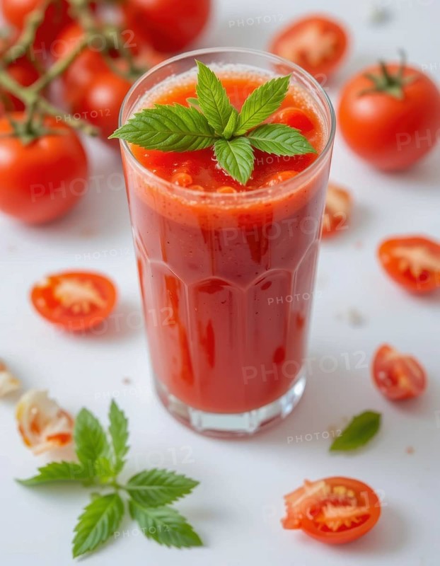 A tall glass of fresh tomato juice is garnished with mint leaves, surrounded by ripe tomatoes on a white surface, AI generated