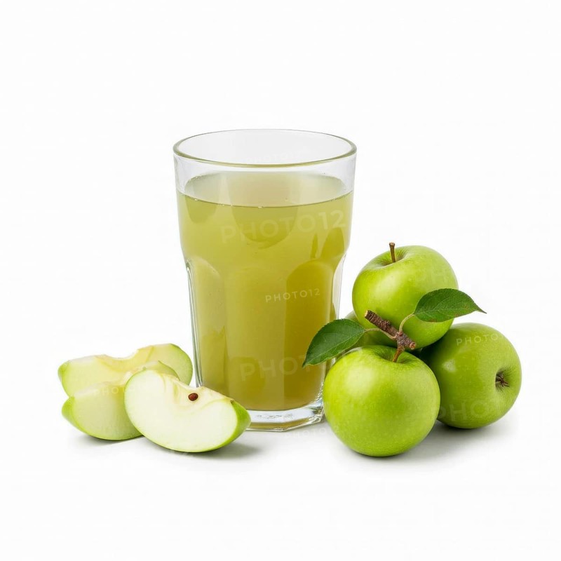 A refreshing glass of apple juice is presented alongside fresh green apples, some whole and others sliced, on a white background, AI generated