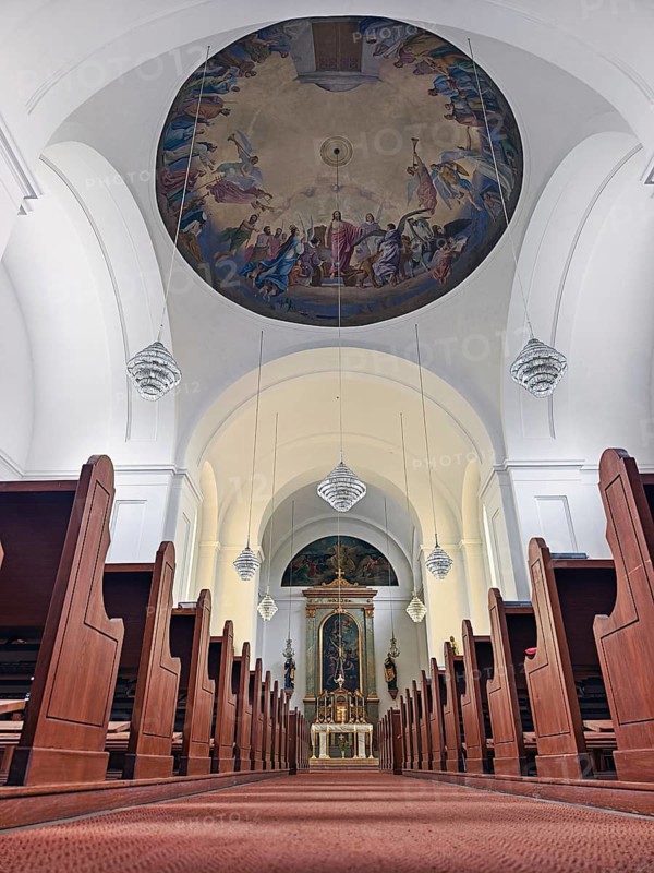 Interior of a church with impressive ceiling fresco and view of the altar, Kammersdorf Hollabrunn Weinviertel Lower Austria Austria