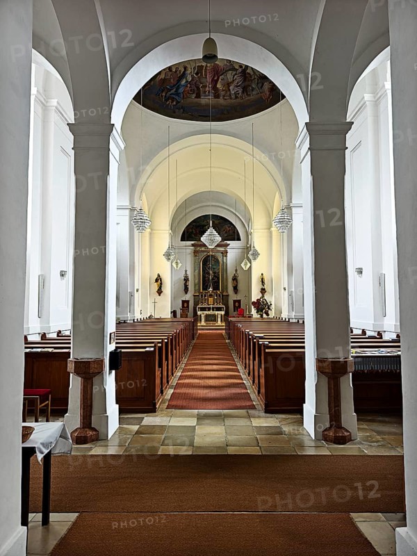 Interior view of a church with altar, arches and wooden pews, Kammersdorf Hollabrunn Weinviertel Lower Austria Austria