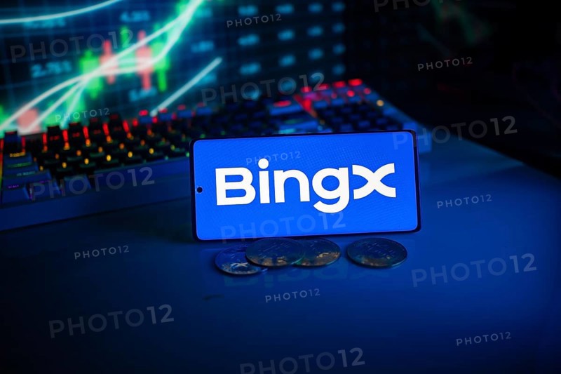 Bingx logo on a phone with digital currencies and financial charts in the background