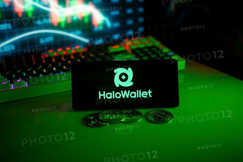 HaloWallet logo with coins and market graph under green neon lighting