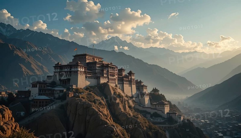 The image showcases a stunning fortress nestled on a rocky mountain, with the majestic Himalayas in the background. The scene is bathed in sunlight, AI generated