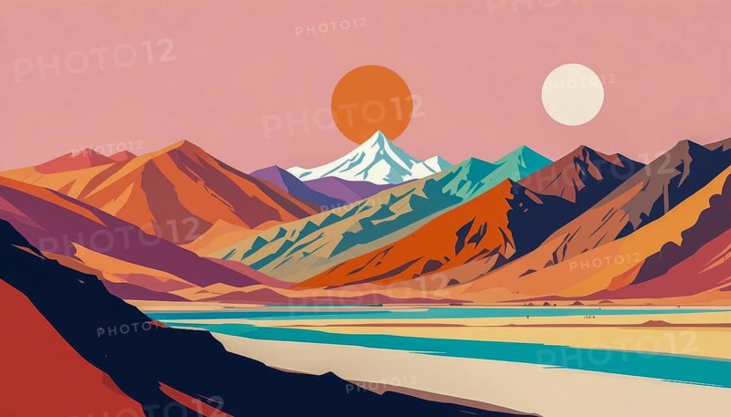 This vibrant illustration depicts a stylized mountain range with a setting sun and a second moon, reflecting in a tranquil lake, AI generated