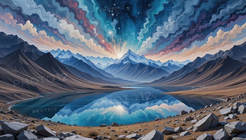 A stunning landscape painting showcases a mountain range reflected in a calm lake, under a sky of swirling clouds and stars, AI generated