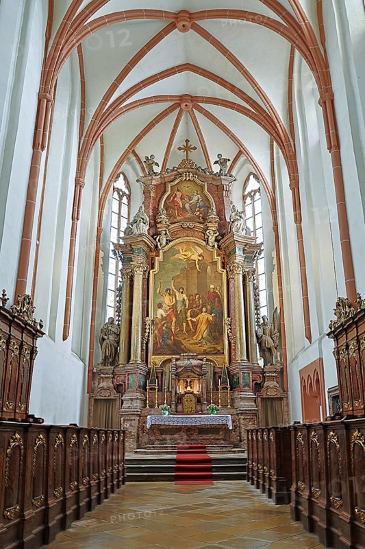 Majestic church altar with detailed woodwork and high ceiling structures, parish church of St.Stephan Tulln Lower Austria Austria