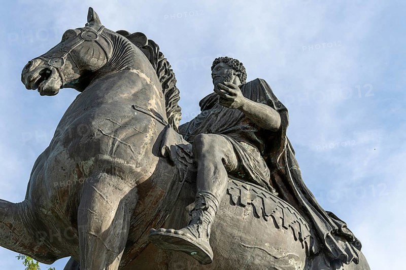 Close-up of a historical equestrian statue focussing on details of horse and rider Marcus Aurelius, Tulln Lower Austria Austria