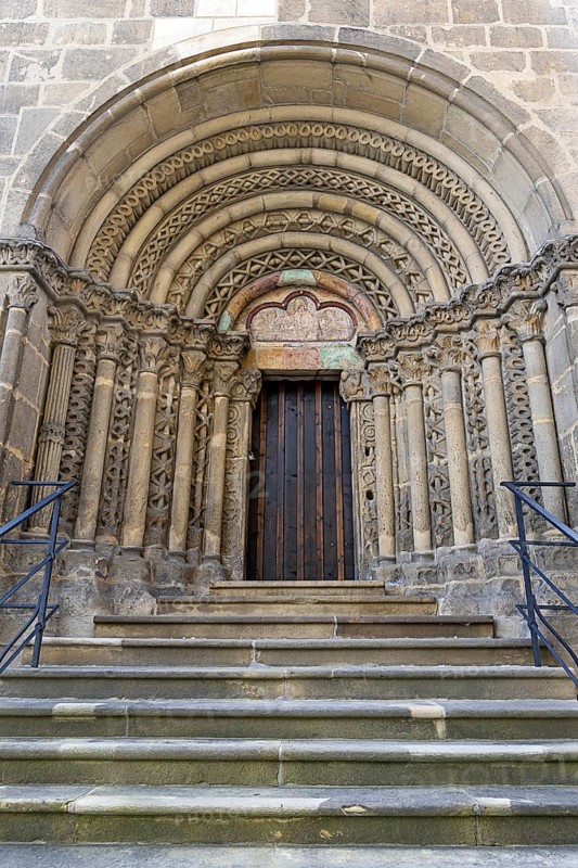 Romanesque stone door, carner with detailed decorations, symmetrically constructed, with stairs, parish church St.Stephan Tulln Lower Austria Austria