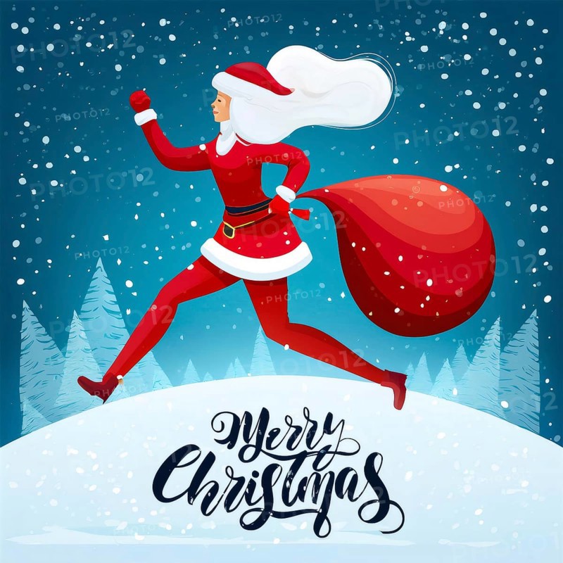 Mrs. Claus is running fast with a bag full of christmas gifts on a snowy night, AI generated