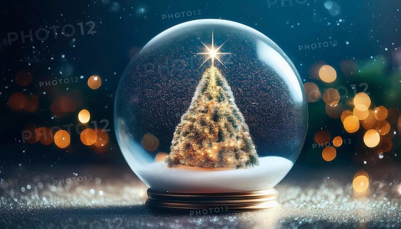 Snow globe featuring a christmas tree with falling snow and bokeh lights, creating a magical christmas atmosphere, AI generated