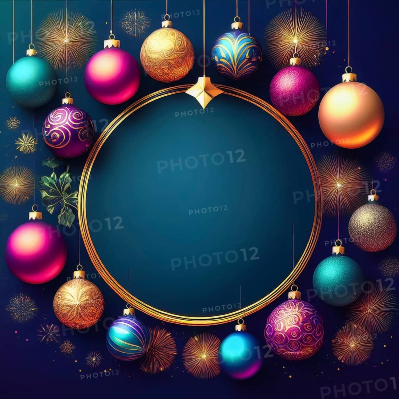 Colorful christmas ornaments hanging around a golden circular frame with fireworks, creating a festive holiday background, AI generated