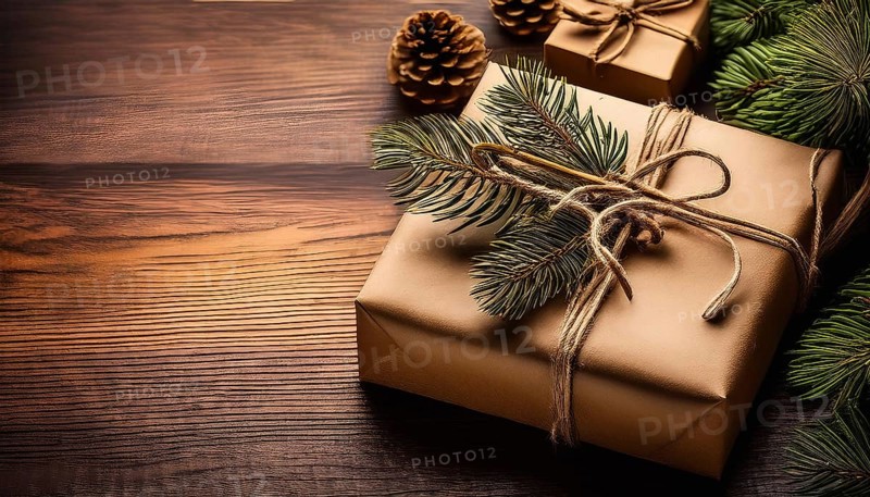 Christmas presents wrapped in brown paper decorated with pine branches and pine cones lying on a wooden table, AI generated
