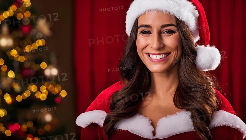 Beautiful smiling woman wearing santa hat posing in front of christmas tree lights, AI generated