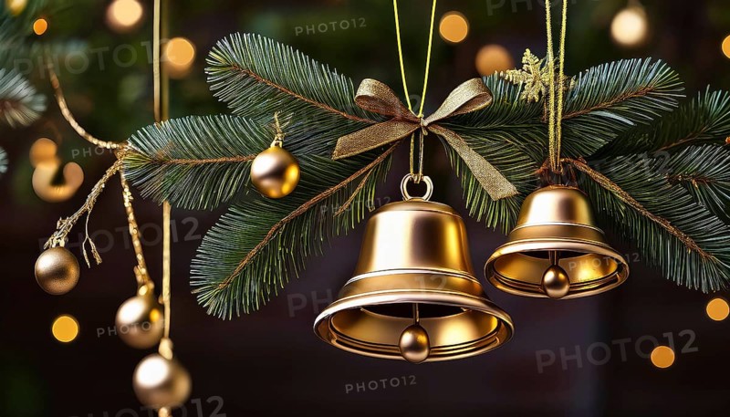 Golden christmas bells and ornaments hanging on pine branches create a festive holiday scene with blurred lights in the background, AI generated