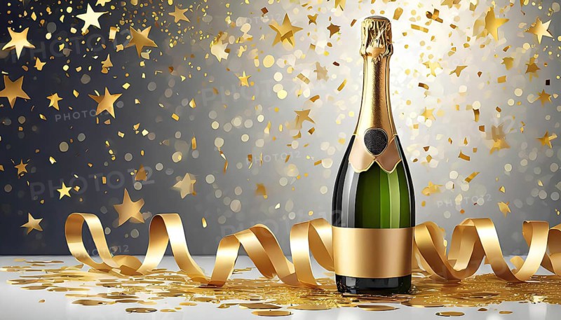 A bottle of champagne is surrounded by gold ribbons and confetti. The image conveys a celebratory mood, likely for a special occasion or event, AI generated